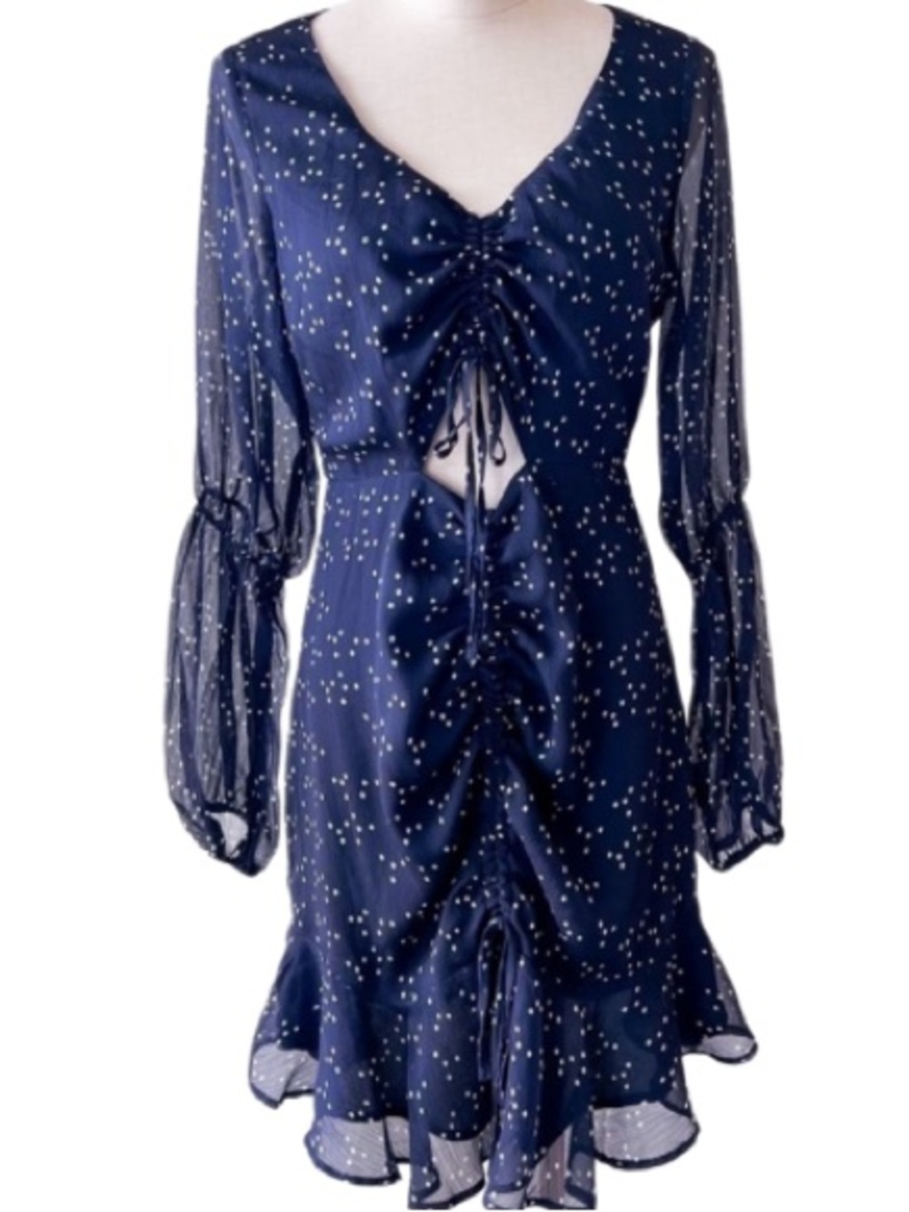 Storia Navy Star-Printed Tie-Front Mini Dress. Size S. Lined. Chiffon